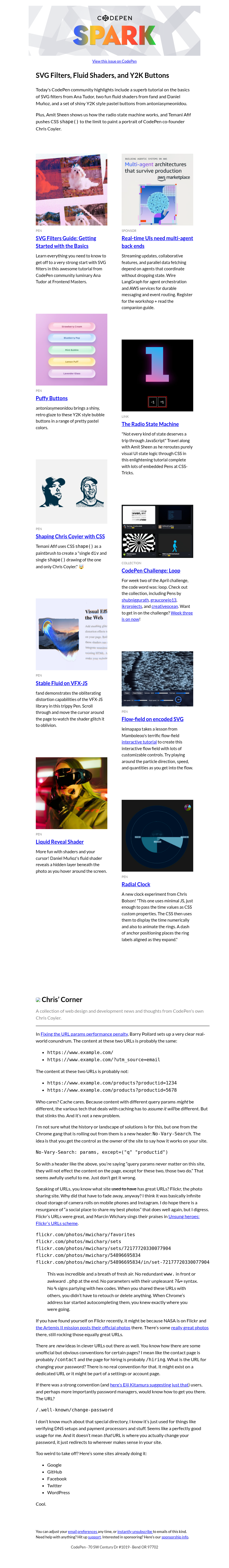 Письмо компании «CodePen» на тему «SVG Filters, Fluid Shaders, and Y2K Buttons»