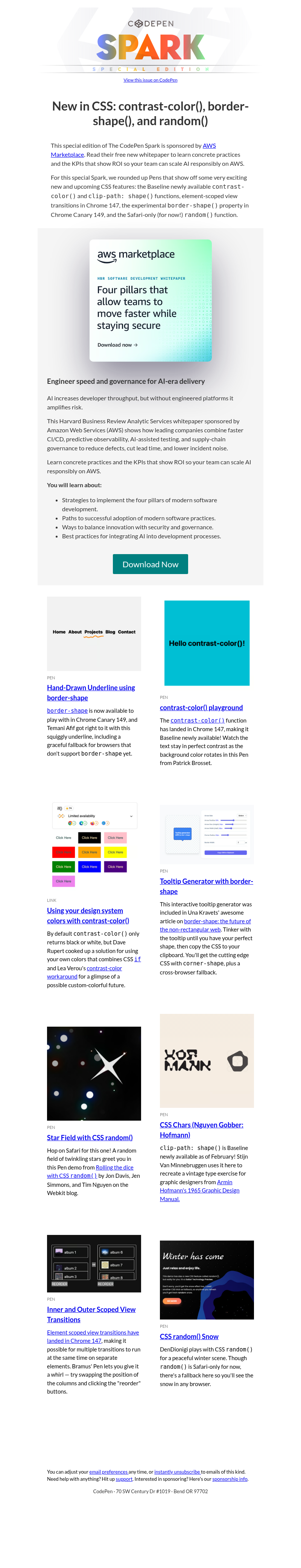 Письмо компании «CodePen» на тему «[CodePen Spark] New in CSS: contrast-color(), border-shape(), and random()»