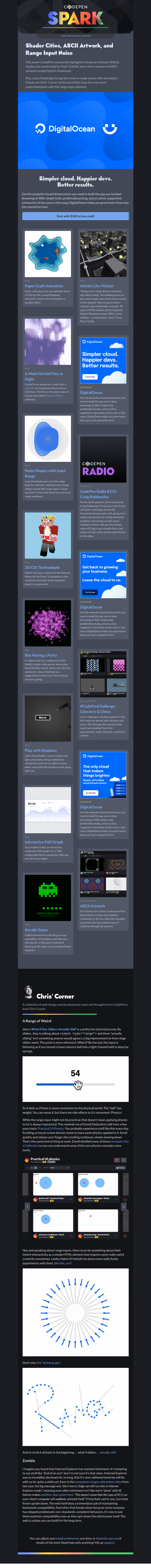 Письмо компании «CodePen» на тему «Shader Cities, ASCII Artwork, and Range Input Noise»