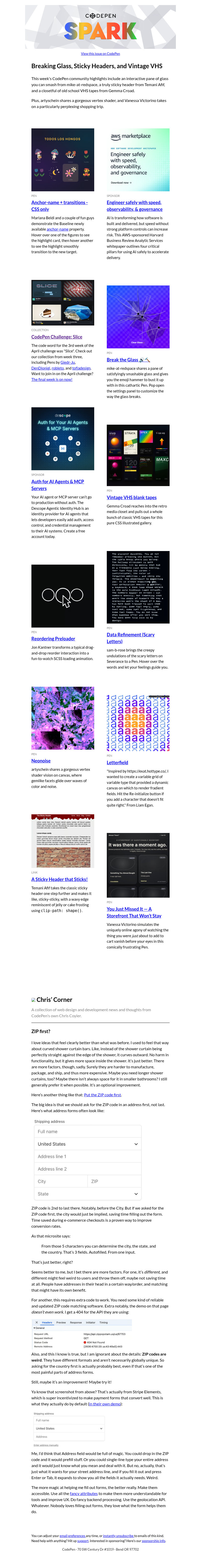 Письмо компании «CodePen» на тему «Breaking Glass, Sticky Headers, and Vintage VHS»
