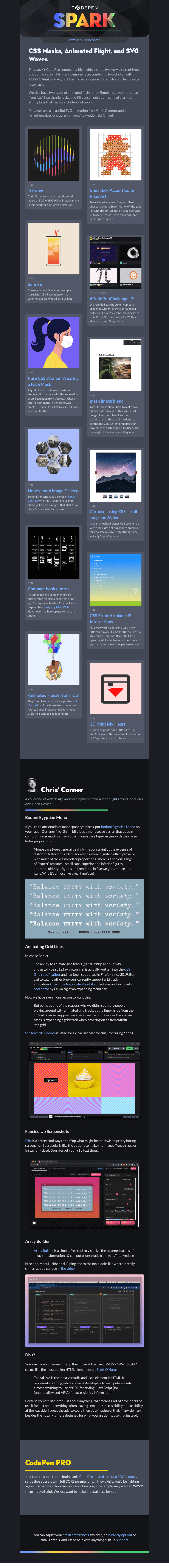 Письмо компании «CodePen» на тему «CSS Masks, Animated Flight, and SVG Waves»