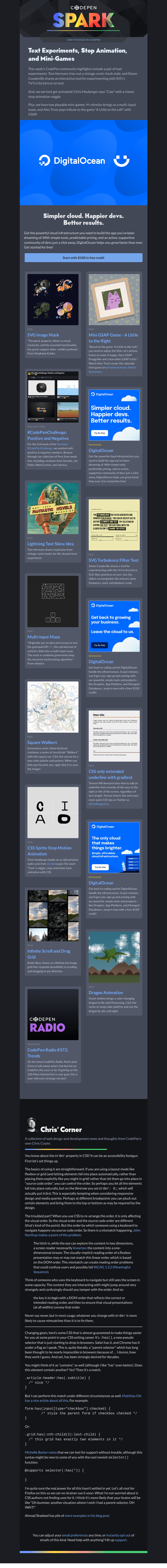 Письмо компании «CodePen» на тему «Text Experiments, Stop Animation, and Mini-Games»
