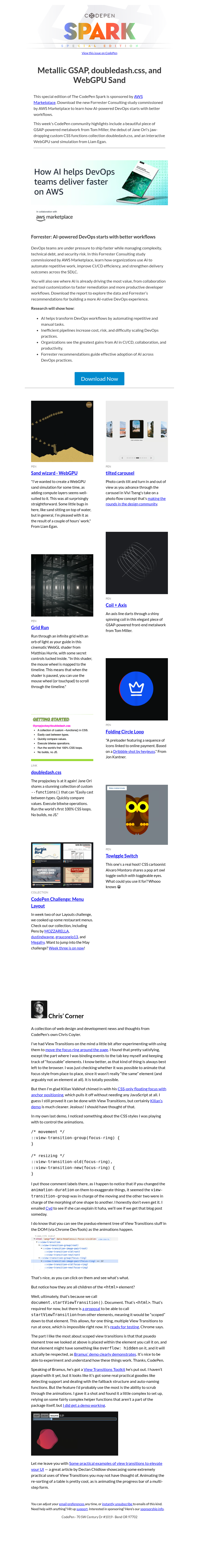 Письмо компании «CodePen» на тему «Metallic GSAP, doubledash.css, and WebGPU Sand»