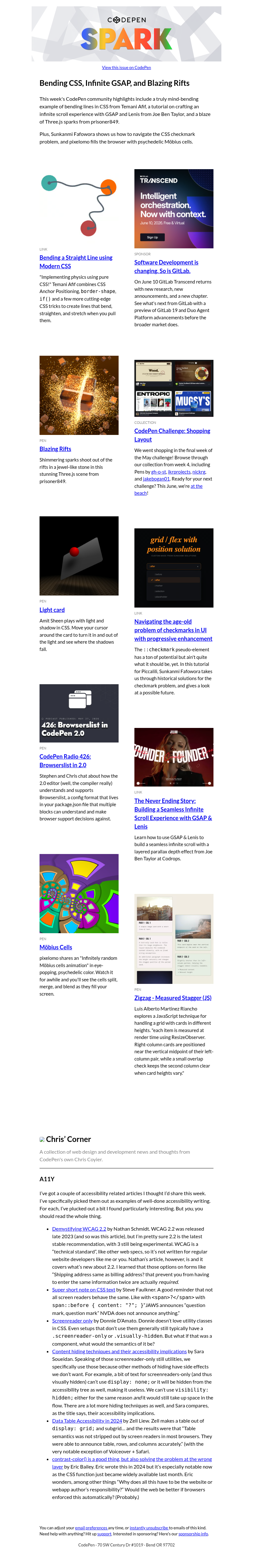 Письмо компании «CodePen» на тему «Bending CSS, Infinite GSAP, and Blazing Rifts»