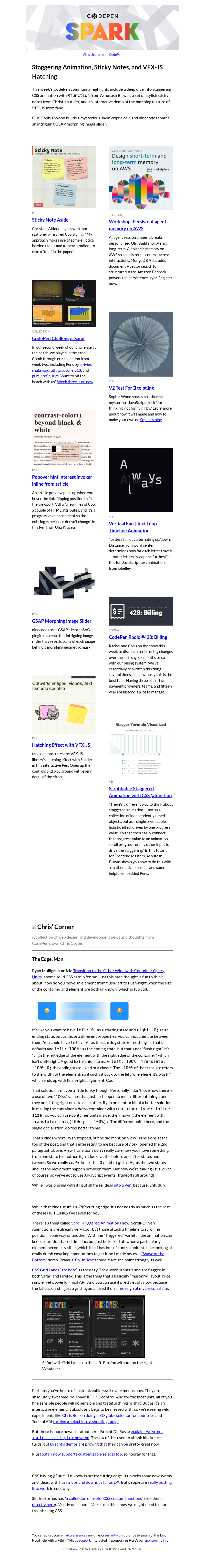 Письмо компании «CodePen» на тему «Staggering Animation, Sticky Notes, and VFX-JS Hatching»