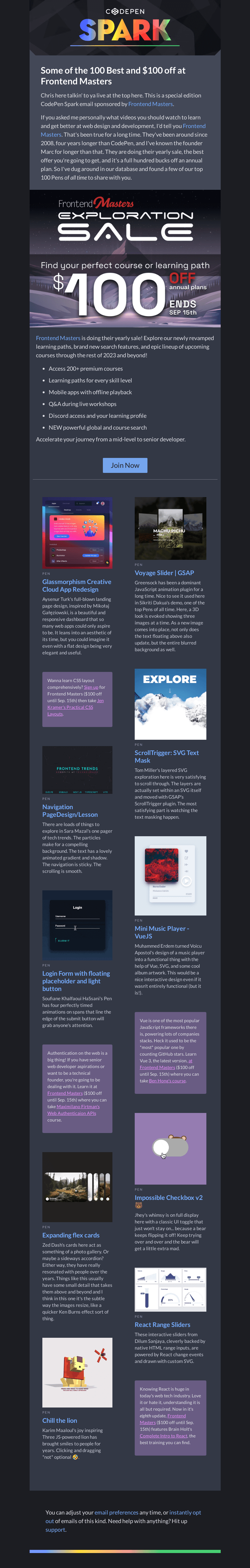 Письмо компании «CodePen» на тему «[CodePen Spark] Some of the 100 Most Hearted & $100 off Frontend Masters»