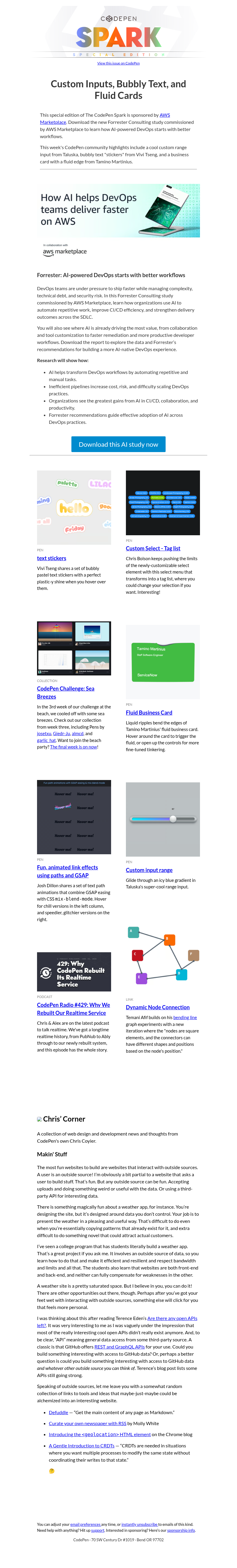 Письмо компании «CodePen» на тему «[CodePen Spark] Custom Inputs, Bubbly Text, and Fluid Cards»