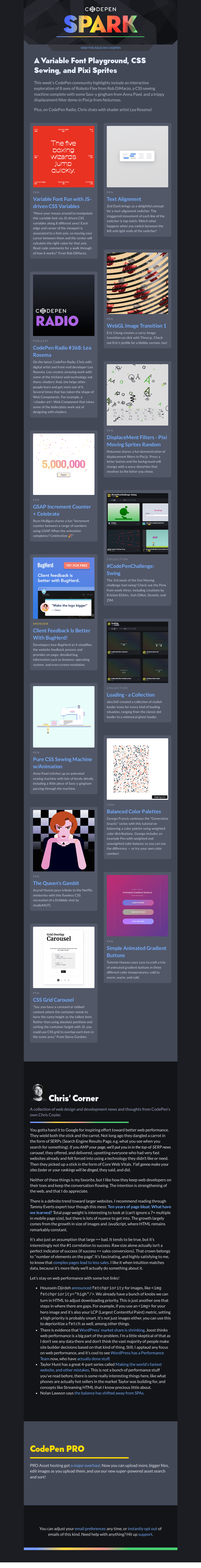 Письмо компании «CodePen» на тему «A Variable Font Playground, CSS Sewing, and Pixi Sprites»