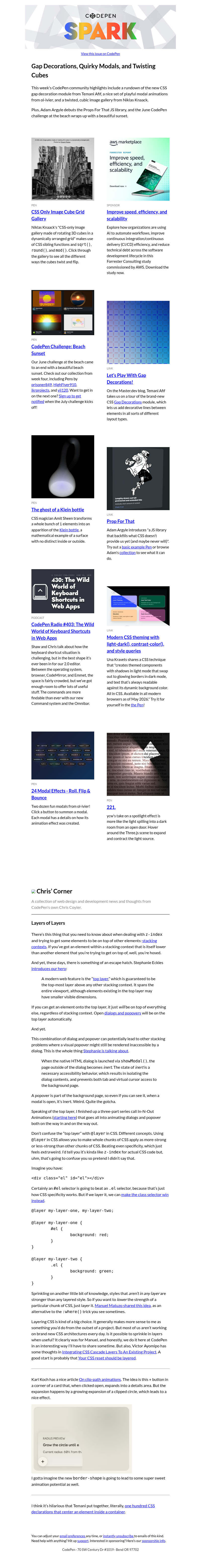 Письмо компании «CodePen» на тему «Gap Decorations, Quirky Modals, and Twisting Cubes»