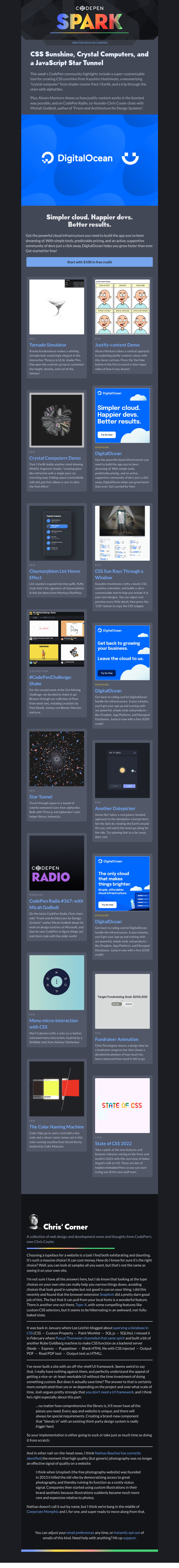 Письмо компании «CodePen» на тему «CSS Sunshine, Crystal Computers, and a JavaScript Star Tunnel»