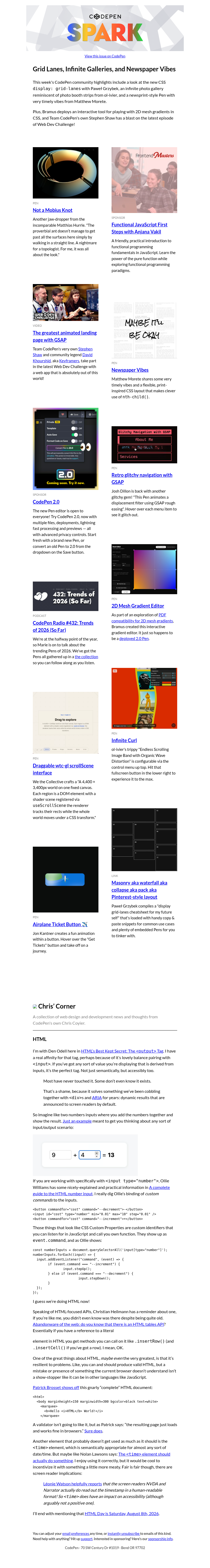 Письмо компании «CodePen» на тему «Grid Lanes, Infinite Galleries, and Newspaper Vibes»