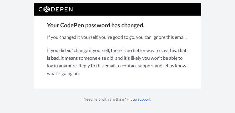 Письмо компании «CodePen» на тему «Your CodePen password has changed»