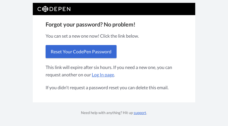 Письмо компании «CodePen» на тему «Reset your CodePen password»