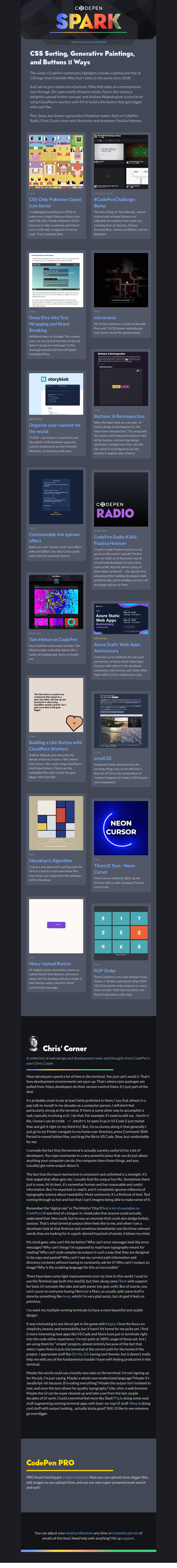 Письмо компании «CodePen» на тему «CSS Sorting, Generative Paintings, and Buttons 11 Ways»