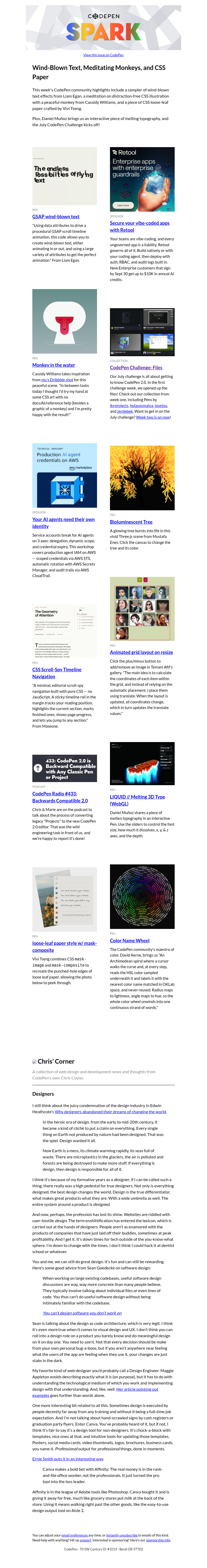 Письмо компании «CodePen» на тему «Wind-Blown Text, Meditating Monkeys, and CSS Paper»