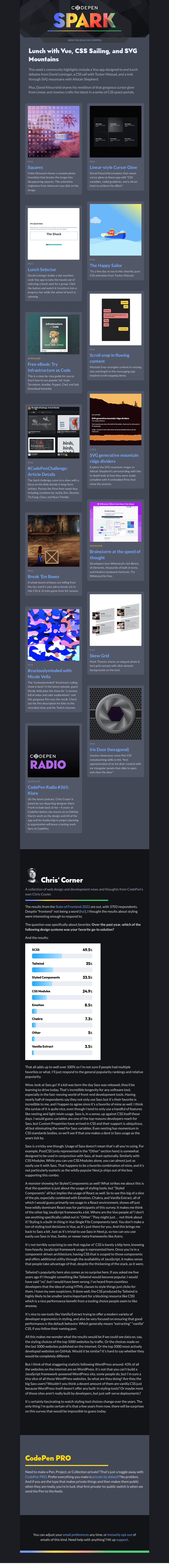 Письмо компании «CodePen» на тему «Lunch with Vue, CSS Sailing, and SVG Mountains»