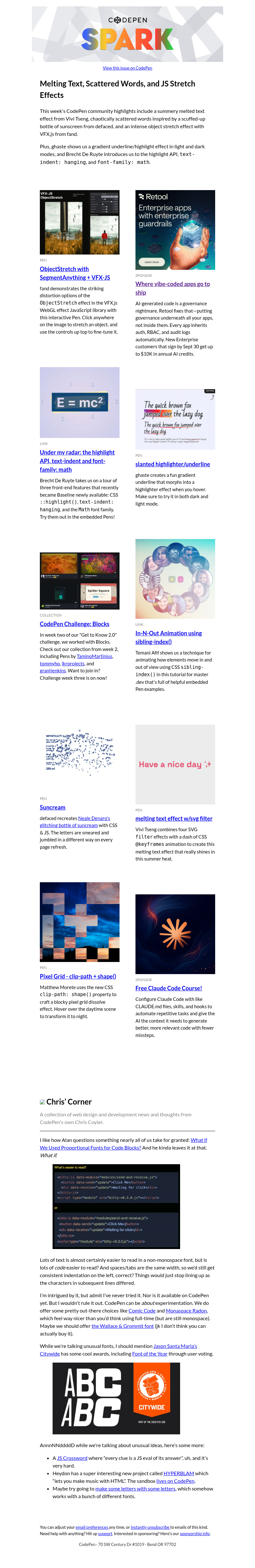 Письмо компании «CodePen» на тему «Melting Text, Scattered Words, and JS Stretch Effects»
