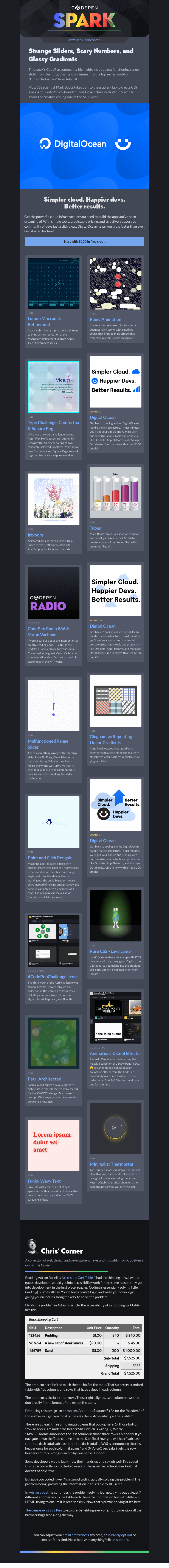Письмо компании «CodePen» на тему «Strange Sliders, Scary Numbers, and Glassy Gradients»