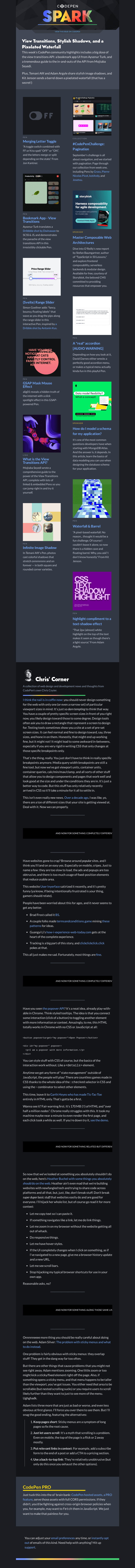 Письмо компании «CodePen» на тему «View Transitions, Stylish Shadows, and a Pixelated Waterfall»