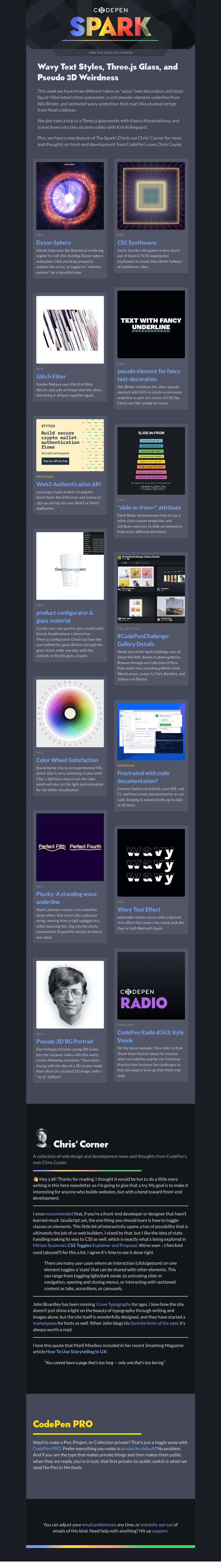 Письмо компании «CodePen» на тему «Wavy Text Styles, Three.js Glass, and Pseudo 3D Weirdness»