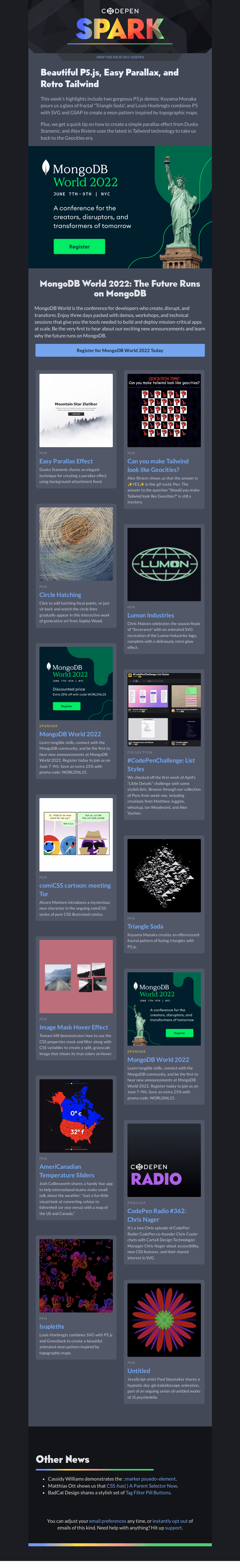 Письмо компании «CodePen» на тему «Beautiful P5.js, Easy Parallax, and Retro Tailwind»