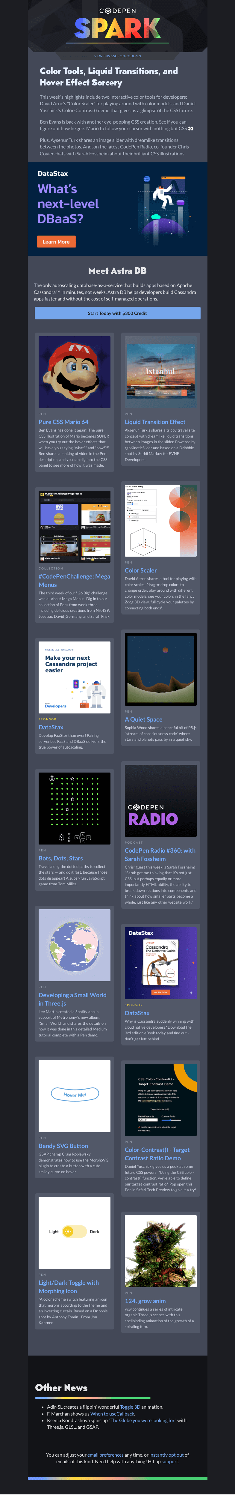 Письмо компании «CodePen» на тему «Color Tools, Liquid Transitions, and Hover Effect Sorcery»