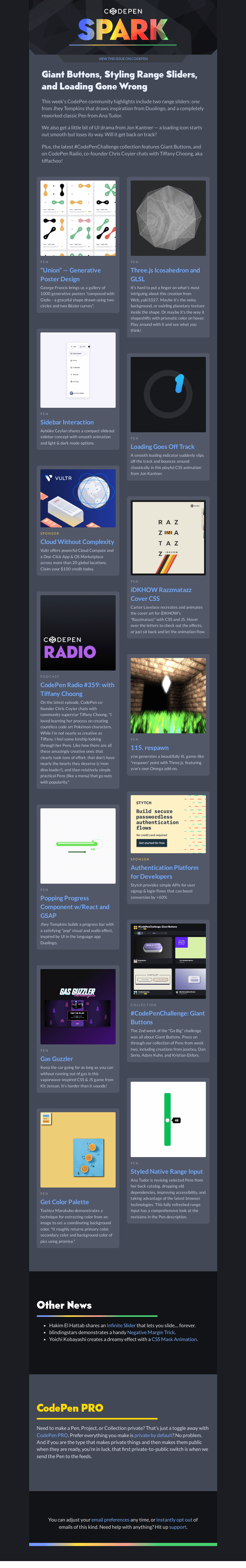 Письмо компании «CodePen» на тему «Giant Buttons, Styling Range Sliders, and Loading Gone Wrong»