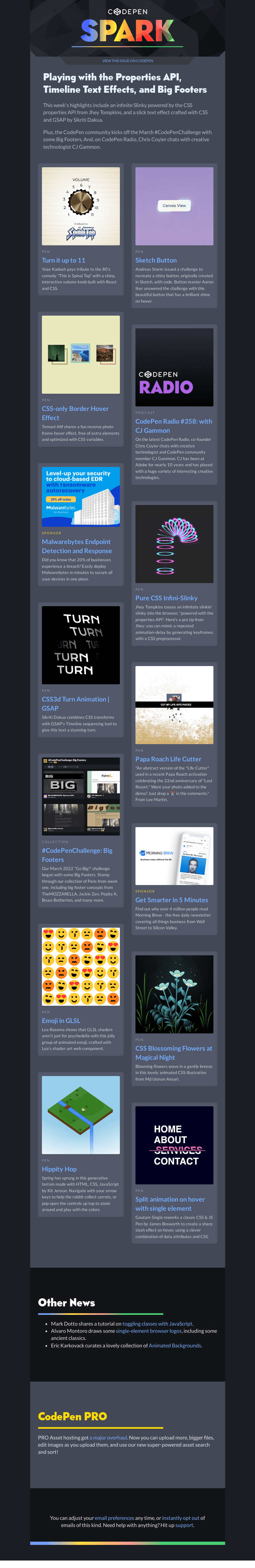 Письмо компании «CodePen» на тему «Playing with the Properties API, Timeline Text Effects, and Big Footers»