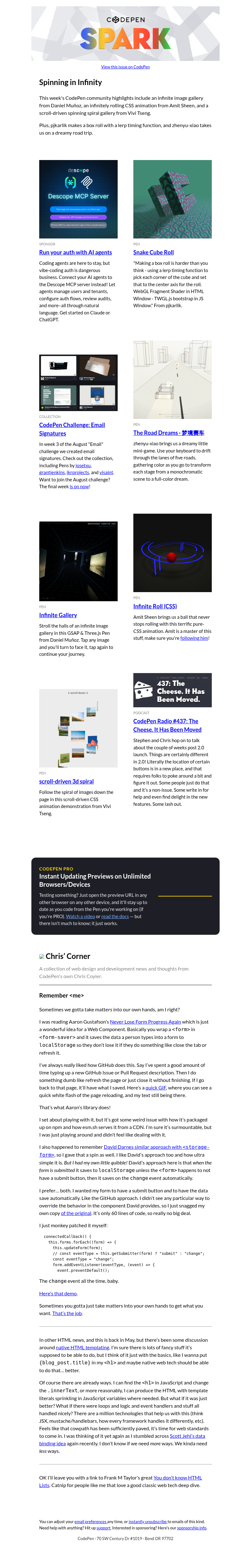 Письмо компании «CodePen» на тему «Spinning in Infinity»