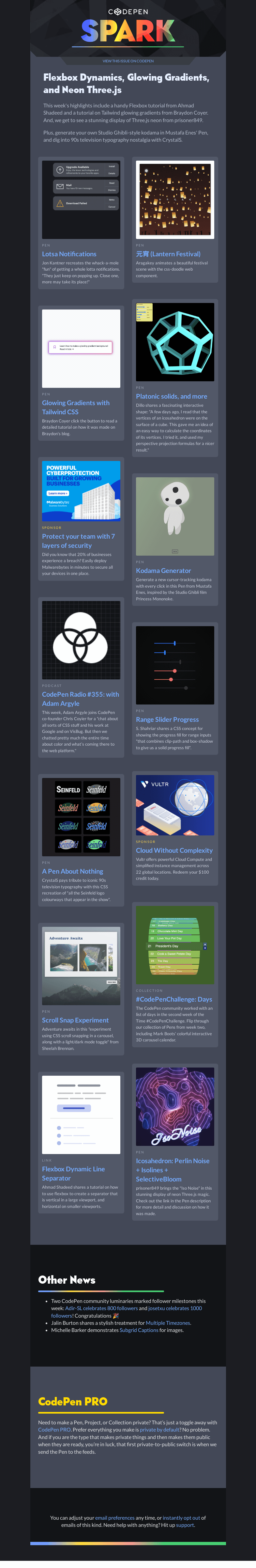 Письмо компании «CodePen» на тему «Flexbox Dynamics, Glowing Gradients, and Neon Three.js»