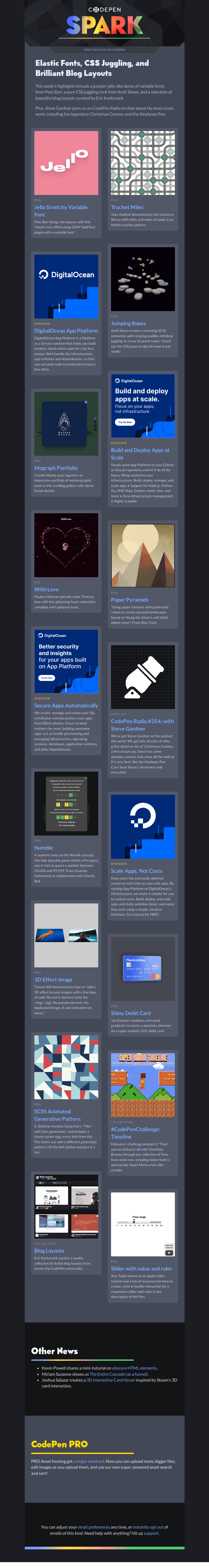 Письмо компании «CodePen» на тему «Elastic Fonts, CSS Juggling, and Brilliant Blog Layouts»