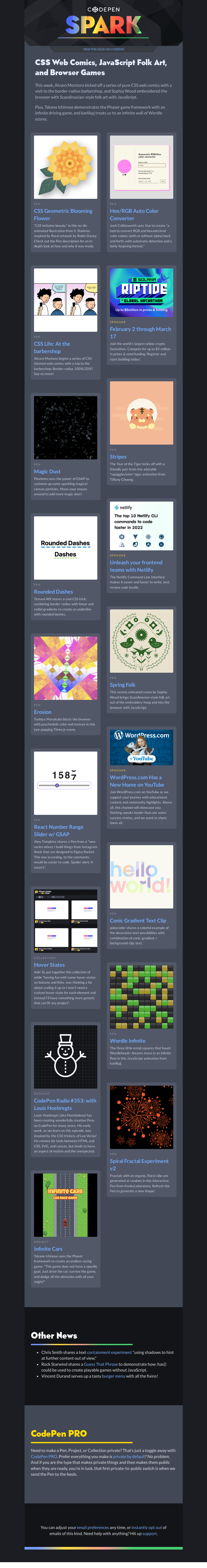 Письмо компании «CodePen» на тему «CSS Web Comics, JavaScript Folk Art, and Browser Games»