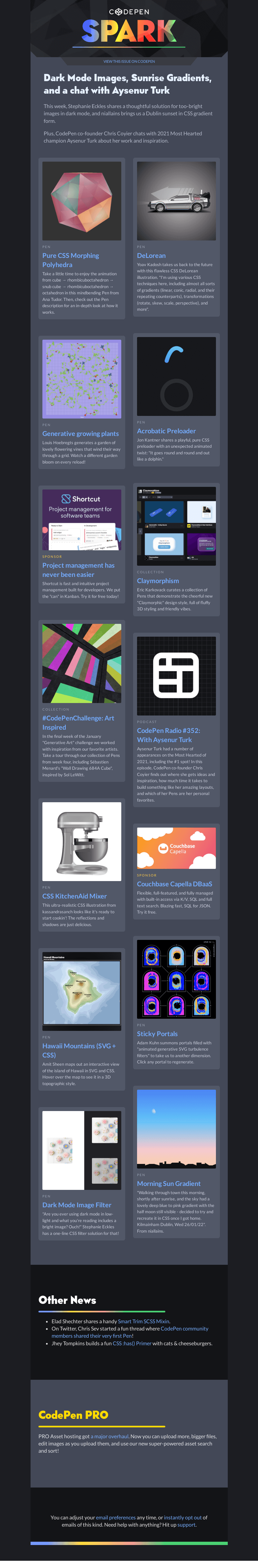 Письмо компании «CodePen» на тему «Dark Mode Images, Sunrise Gradients, and a chat with Aysenur Turk»