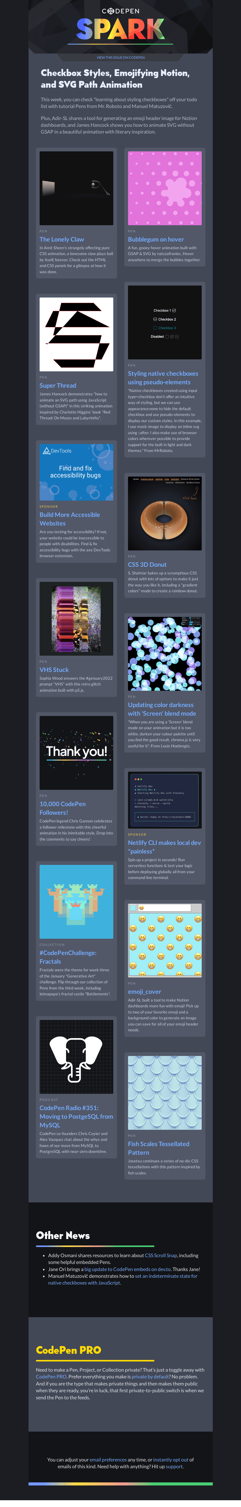 Письмо компании «CodePen» на тему «Checkbox Styles, Emojifying Notion, and SVG Path Animation»