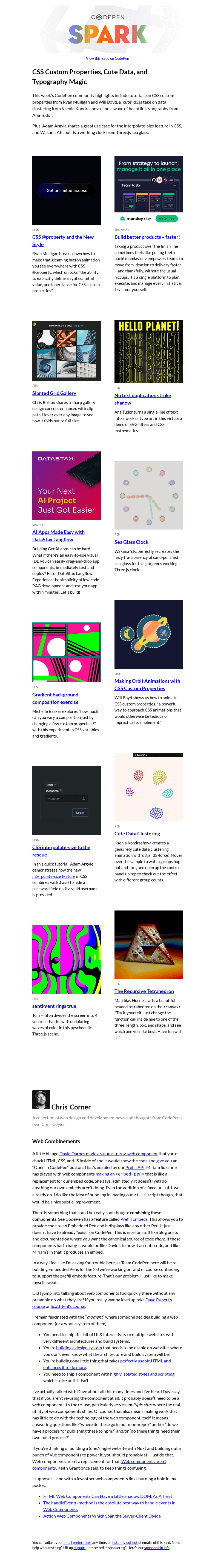 Письмо компании «CodePen» на тему «CSS Custom Properties, Cute Data, and Typography Magic»