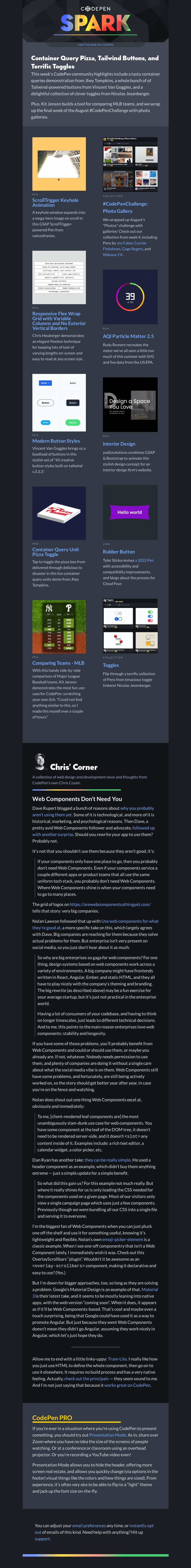 Письмо компании «CodePen» на тему «Container Query Pizza, Tailwind Buttons, and Terrific Toggles»