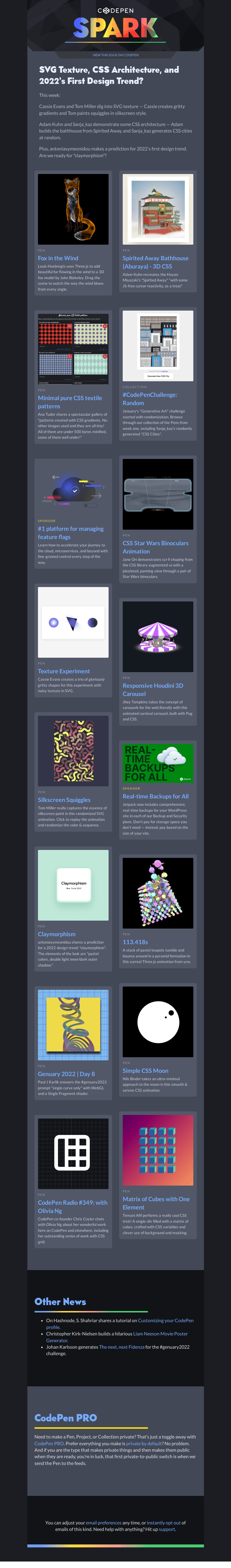 Письмо компании «CodePen» на тему «SVG Texture, CSS Architecture, and 2022's First Design Trend? »