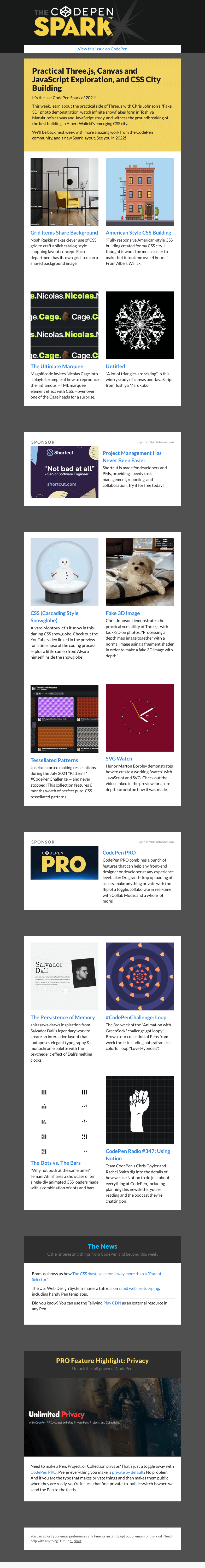 Письмо компании «CodePen» на тему «Practical Three.js, Canvas and JavaScript Exploration, and CSS City Building»