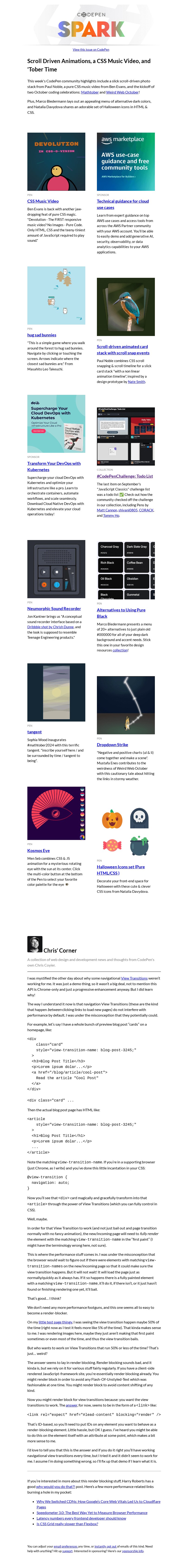 Письмо компании «CodePen» на тему «Scroll Driven Animations, a CSS Music Video, and 'Tober Time»