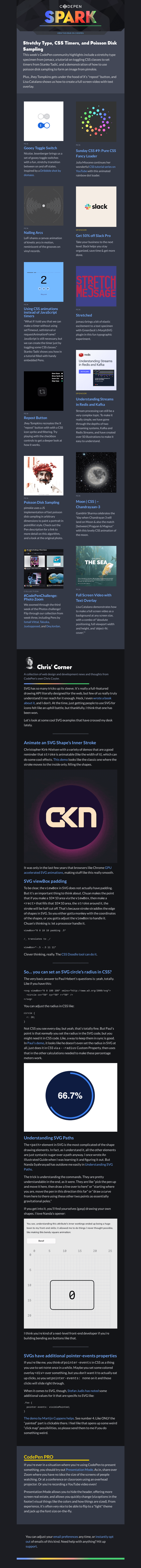 Письмо компании «CodePen» на тему «Stretchy Type, CSS Timers, and Poisson Disk Sampling»