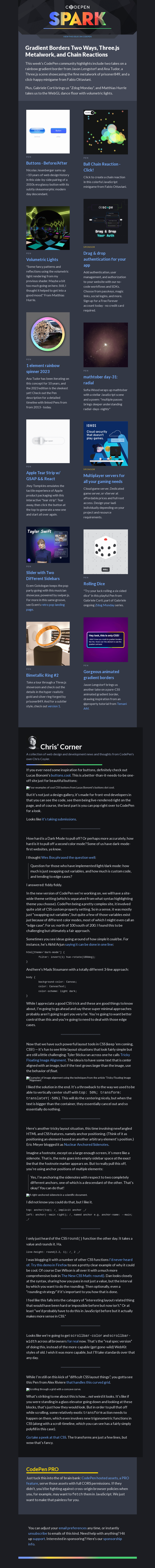 Письмо компании «CodePen» на тему «Gradient Borders Two Ways, Three.js Metalwork, and Chain Reactions»