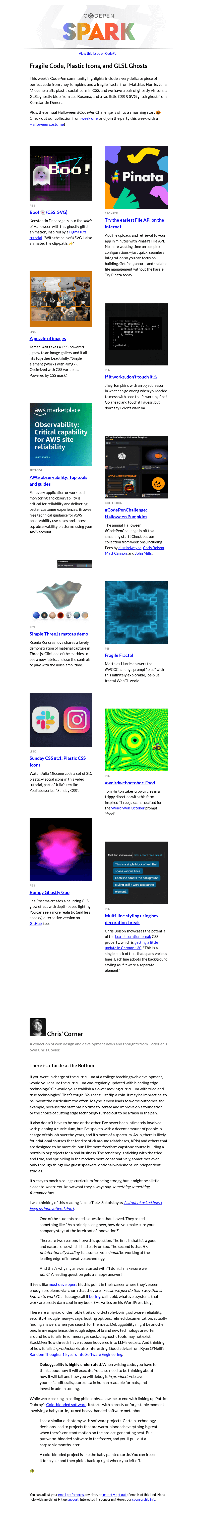 Письмо компании «CodePen» на тему «Fragile Code, Plastic Icons, and GLSL Ghosts»