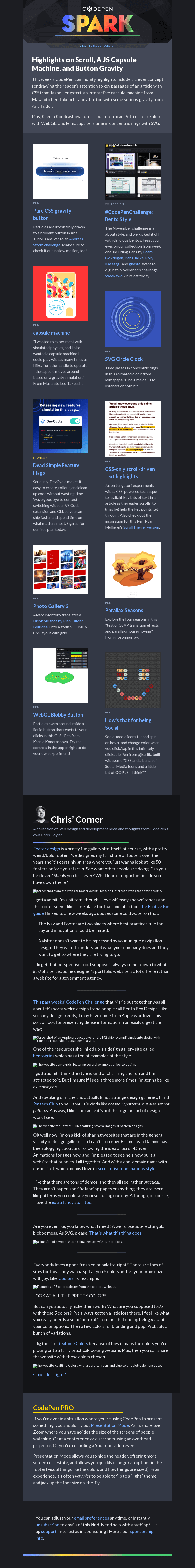 Письмо компании «CodePen» на тему «Highlights on Scroll, A JS Capsule Machine, and Button Gravity»