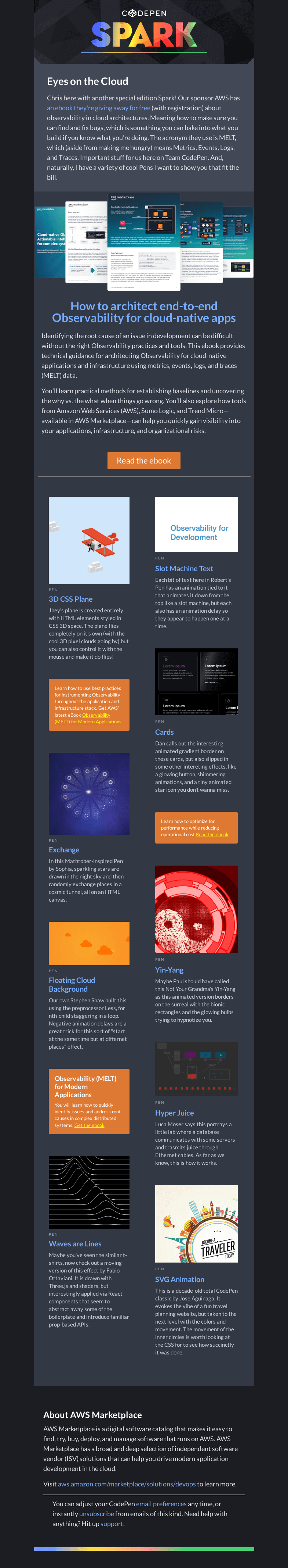 Письмо компании «CodePen» на тему «[CodePen Spark] Eyes on the Cloud - Free AWS Ebook Inside»
