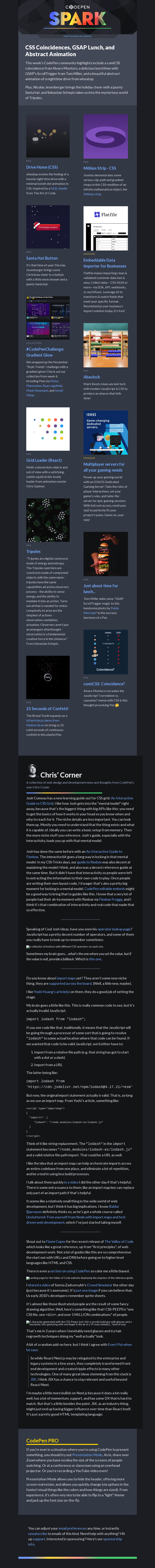 Письмо компании «CodePen» на тему «CSS Coincidences, GSAP Lunch, and Abstract Animation»