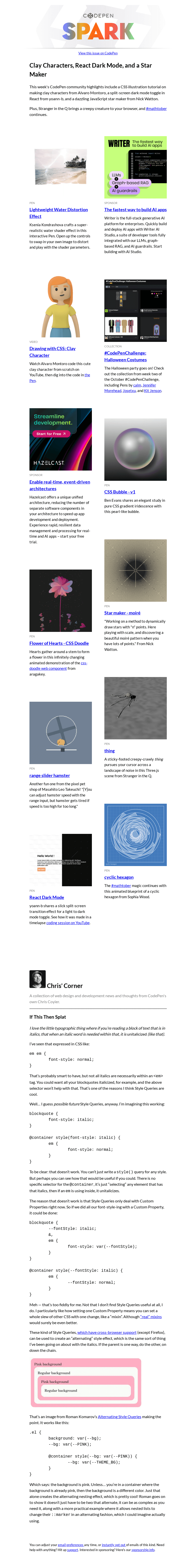 Письмо компании «CodePen» на тему «Clay Characters, React Dark Mode, and a Star Maker»
