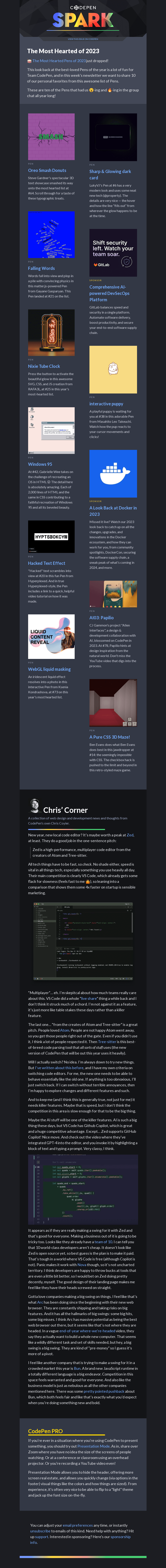 Письмо компании «CodePen» на тему «The Most Hearted of 2023»