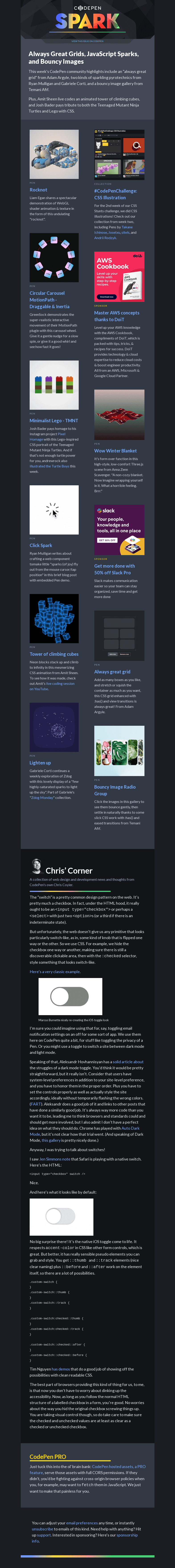 Письмо компании «CodePen» на тему «Always Great Grids, JavaScript Sparks, and Bouncy Images»