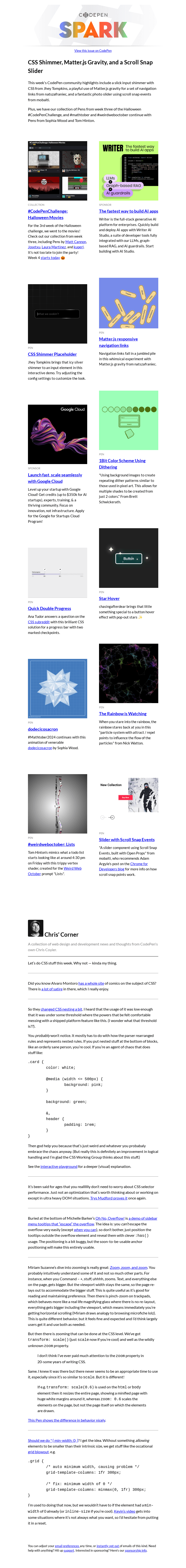 Письмо компании «CodePen» на тему «CSS Shimmer, Matter.js Gravity, and a Scroll Snap Slider»