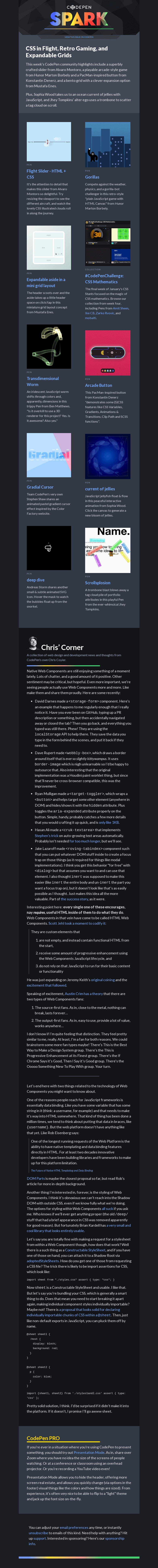 Письмо компании «CodePen» на тему «CSS in Flight, Retro Gaming, and Expandable Grids»